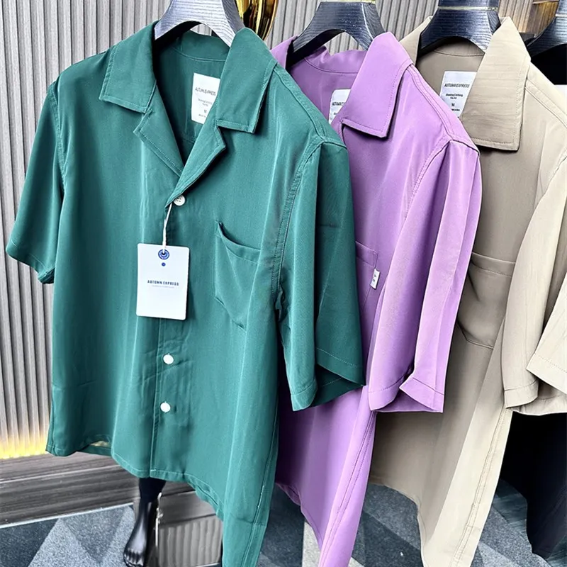 

Summer Slim Fit Men's Shirt Smooth Touch L-Style Couple's Short Sleeve Cuban Collar Pure Color Casual Fashion Youth Trend