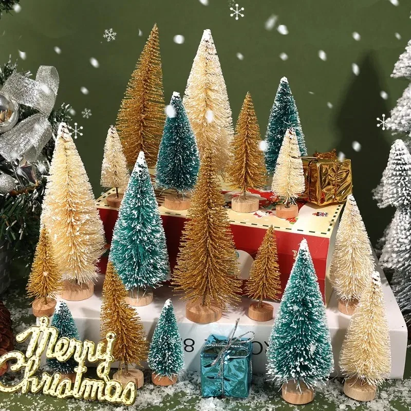 27/9pcs Mini Artificial Christmas Tree Miniature Cedar Pine Wood Base Desktop Ornament Christmas Crafting Party Desktop Decor