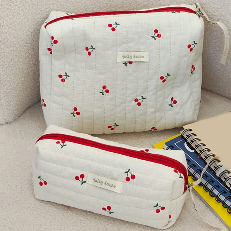 Women Cosmetic Bag White Cherry Embroidery Pattern Baby Diaper Bags New Korean Version Female Makeup Bags Storage Handbag