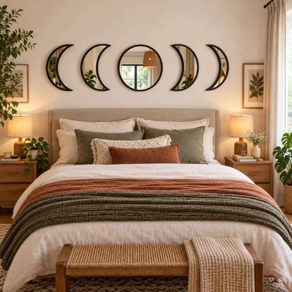 5 Pieces Set Moon Phase Mirror Scandinavian Style Wooden Frame Acrylic Wall Decor Acrylic Material Natural Decor