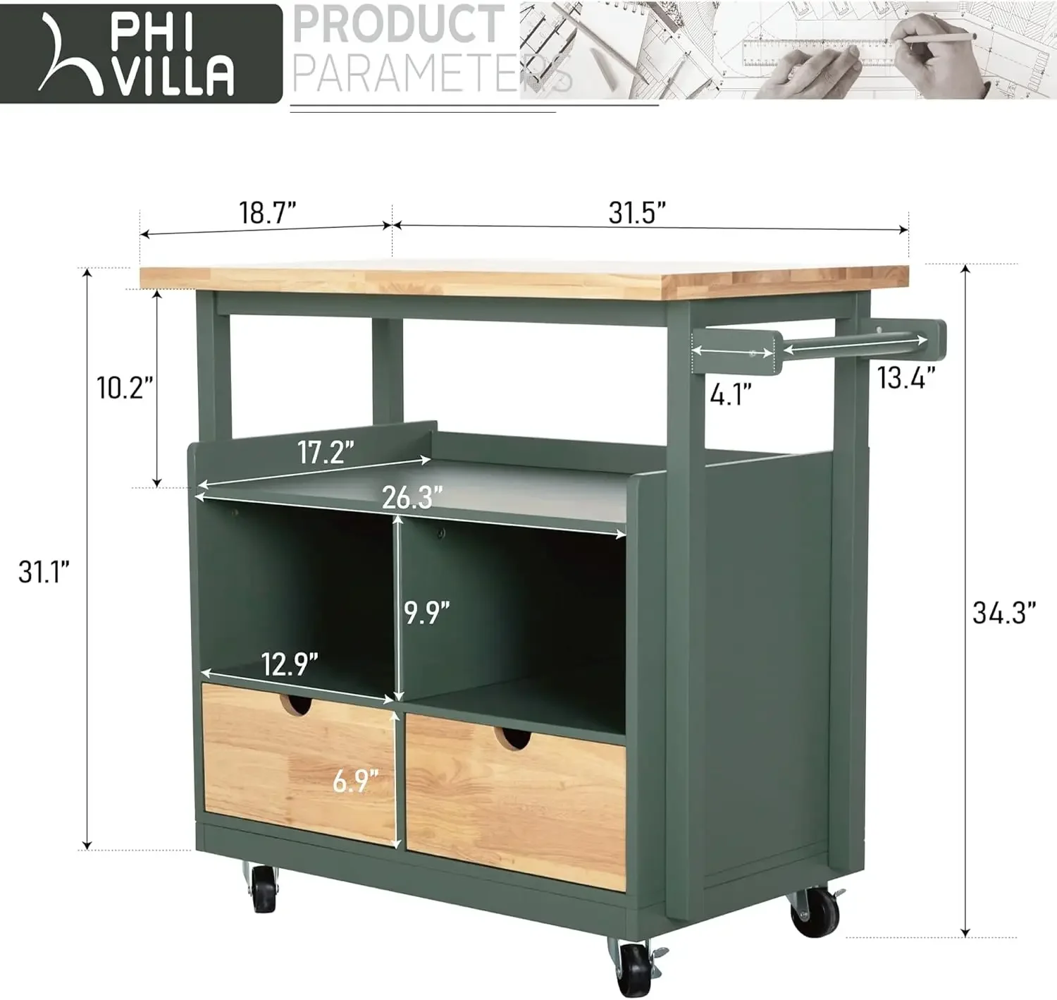 PHI VILLA Kitchen Island Cart on Wheels - Butcher Block Island Table for Food Prep, Rolling Kitchen Trolley with Storage