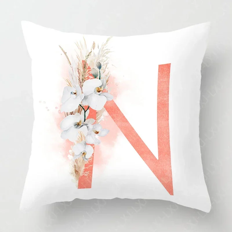 White orchid and pampas grass orange red 26 letter cushion cover letter art decoration pillowcase square short plush pillowcase