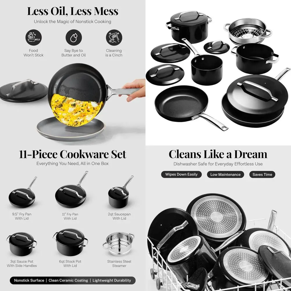 

Elegant 11-Piece Ceramic Cookware Set with Non-Stick Induction Base, Steamer, Cool Handles, PFOA-Free, Oven & Dishwasher Safe