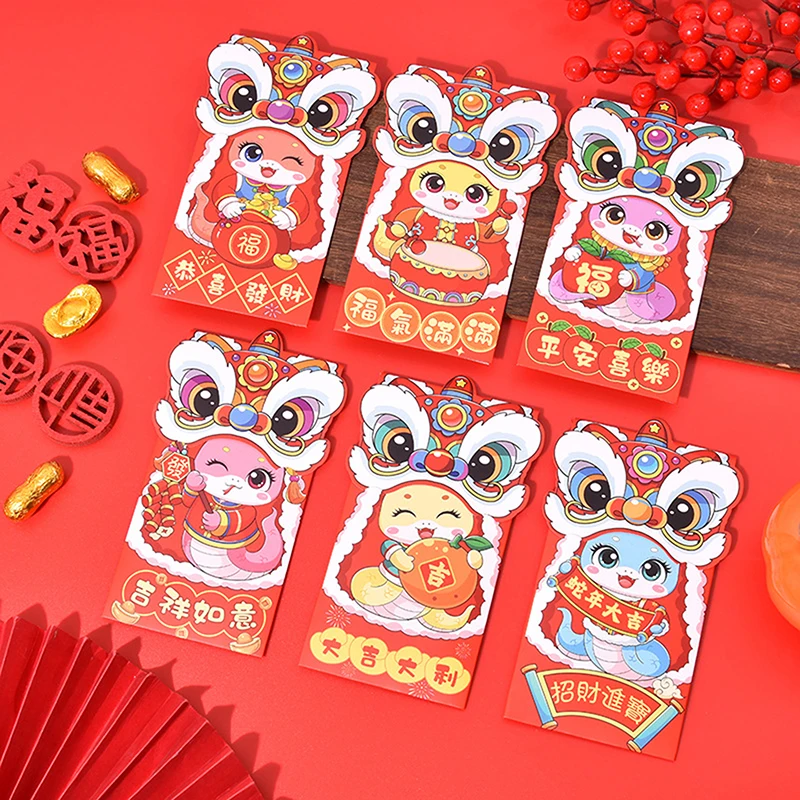 6Pcs 2025 Chinese Snake Year Red Envelope Money Packet Chinese New Year Lucky Money Red Packets Spring Festival Cartoon Hong Bao