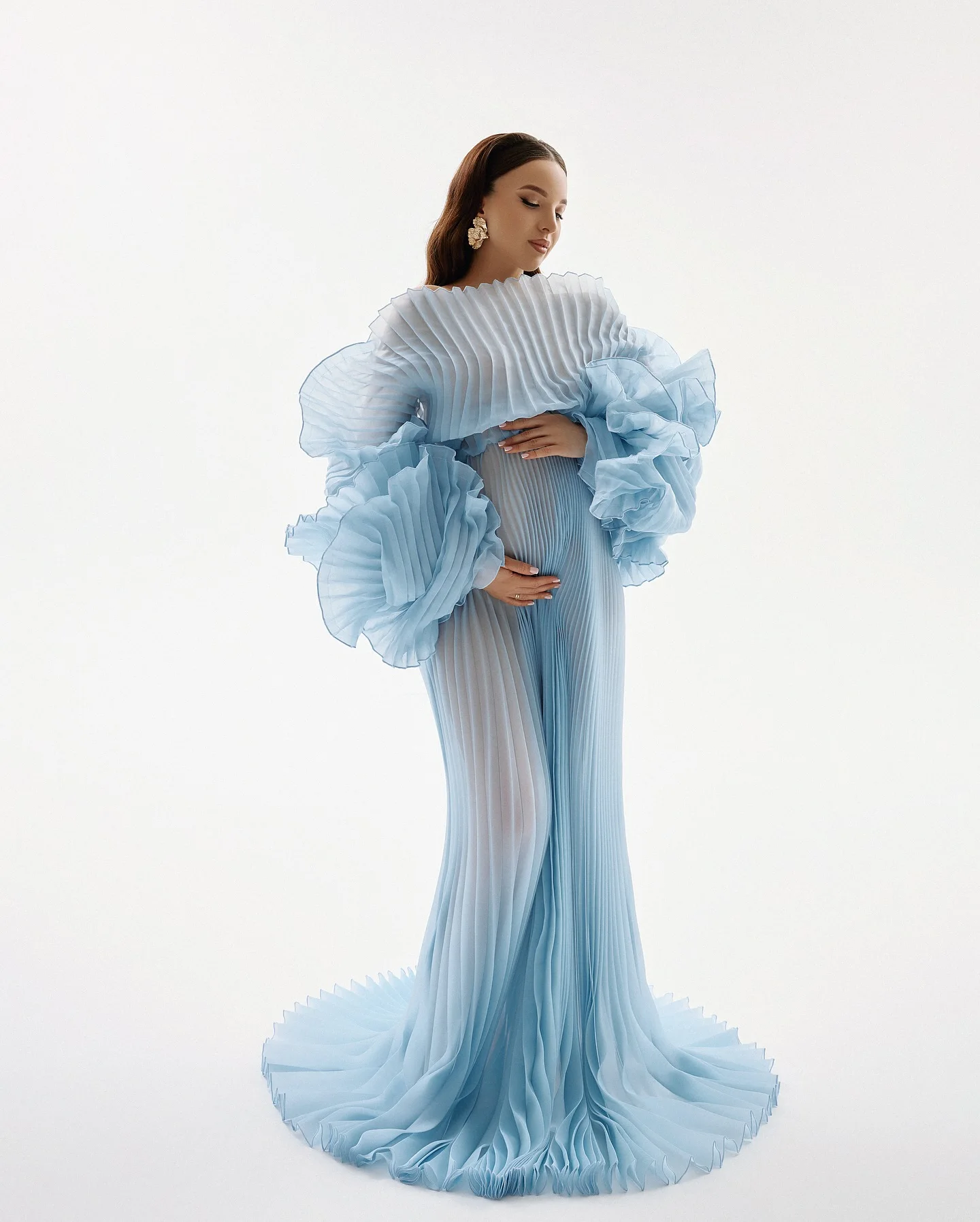 Hot Sale Full Pleated Maternity Dress Photoshoot Blue Organza Pregnancy Dresses платье для беременных Custom