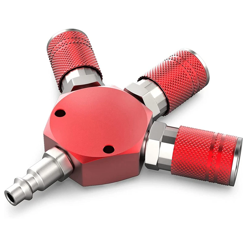 3-Way 1/4 Inch NPT Aluminum Hex Style Air Manifold With 3Pieces Steel Industrial Coupler And Plug, Air Compressor Hose