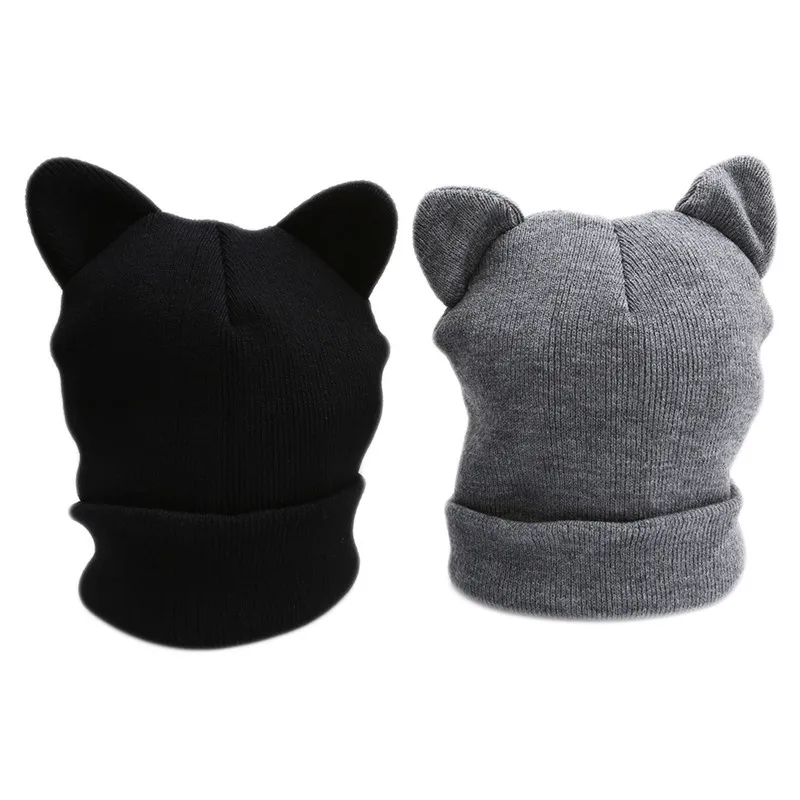 

Lovely Warm Winter Casual Skullies Beanies Hat Fashion Design Wool Cap Hat Gray Black Cute Cat Ears Knitted Hat