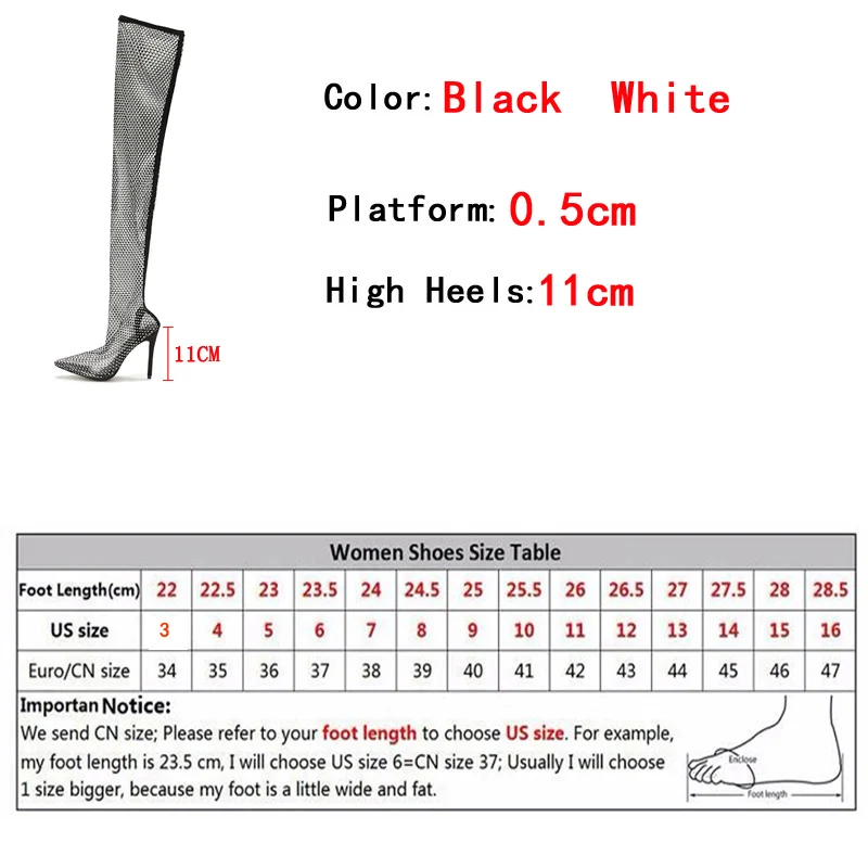 Liyke Fashion Rhinestone Fishnet Mesh Women Pumps High Heels Socks Over-The-Knee Boots Sexy Pointed Toe Slip-On Party Shoe Black