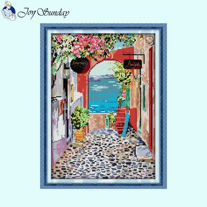 Flower Street Scenic Cross Stitch Aida 14CT Count 16CT 11CT Stamped Canvas Fabric DIY Hand Embroidery Sewing Kit Home Decor Gift