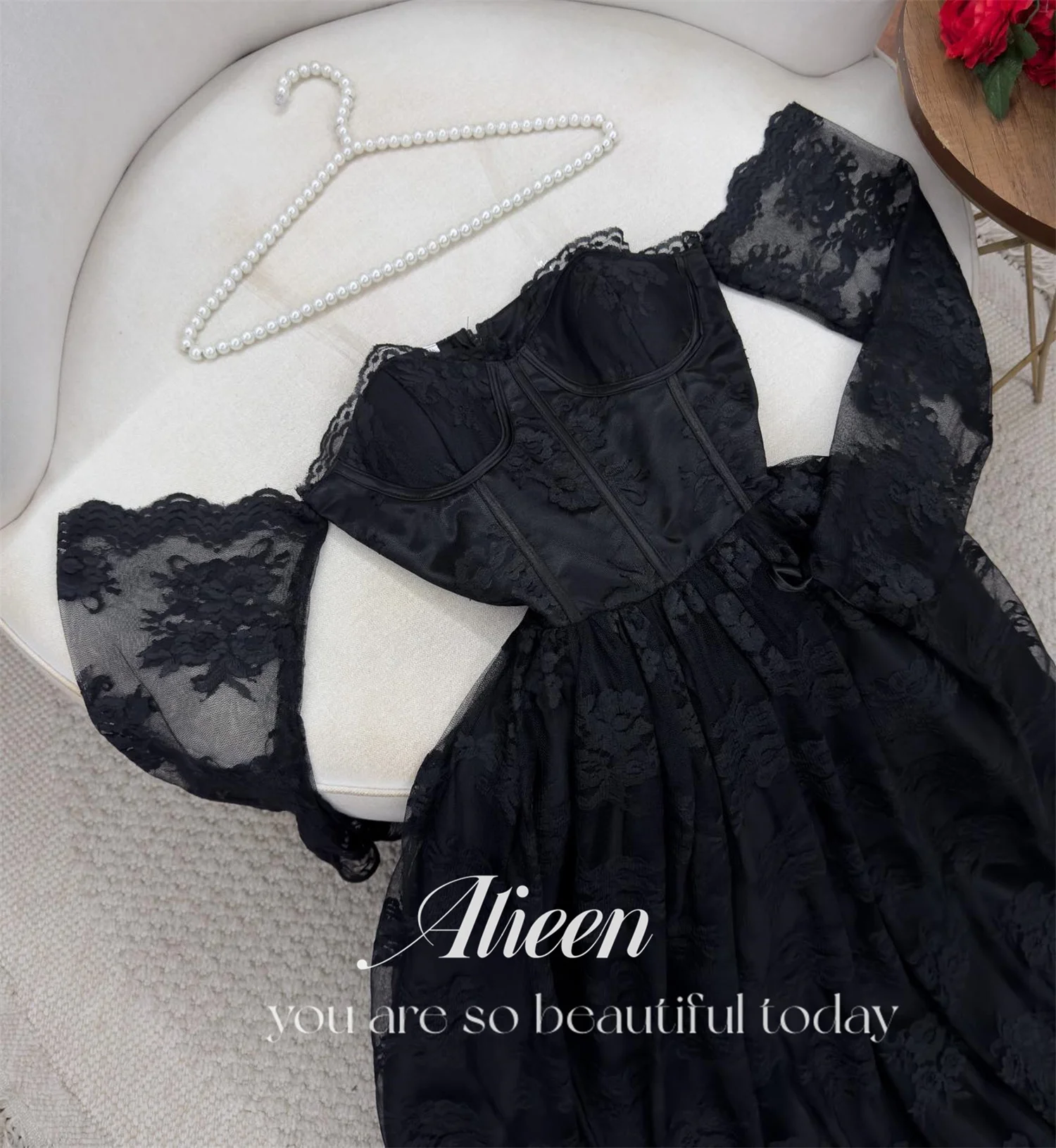 Aileen Sweetheart Long Sleeves Lace Black Wedding Dress Elegant Evening Dresses for Women Luxury Party Woman Prom Customized