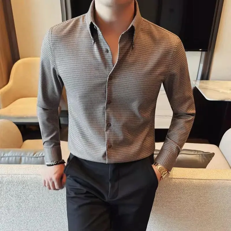

2026 New Retro Color Checkered Long Sleeved Shirt for Men, Slim Fit Texture Button Down Collar Shirt Top