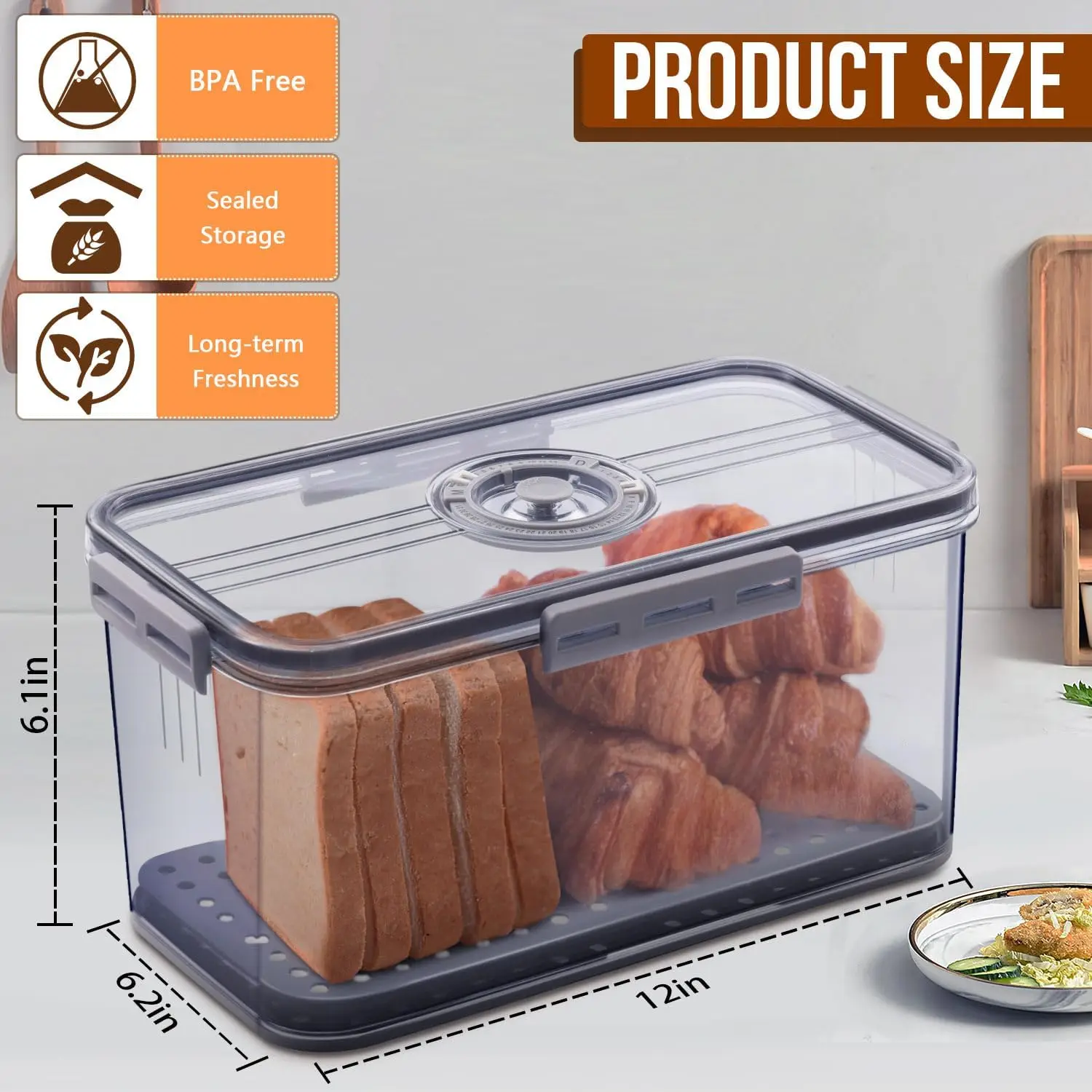 Airtight Bread Box For Kitchen Counter Time Recording Bread Storage Container With Lid Grey Bread Keeper For Homemade Bread Toast Bagel Donut Cookies