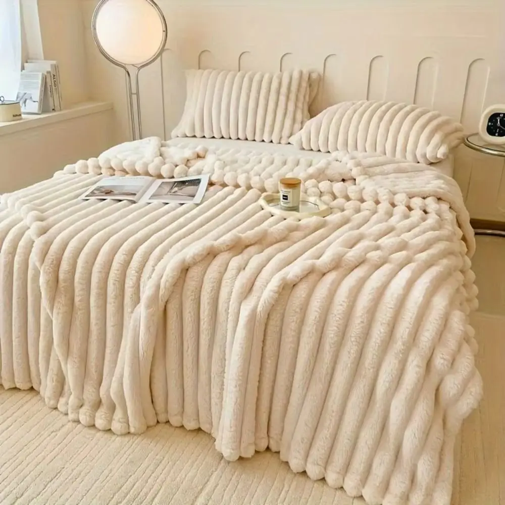 Warm Faux Rabbit Fur Blanket 200x150cm Solid Color Nap Blanket Plush Wide Striped Bed Sheet Cover Blanket for Bedroom Decor