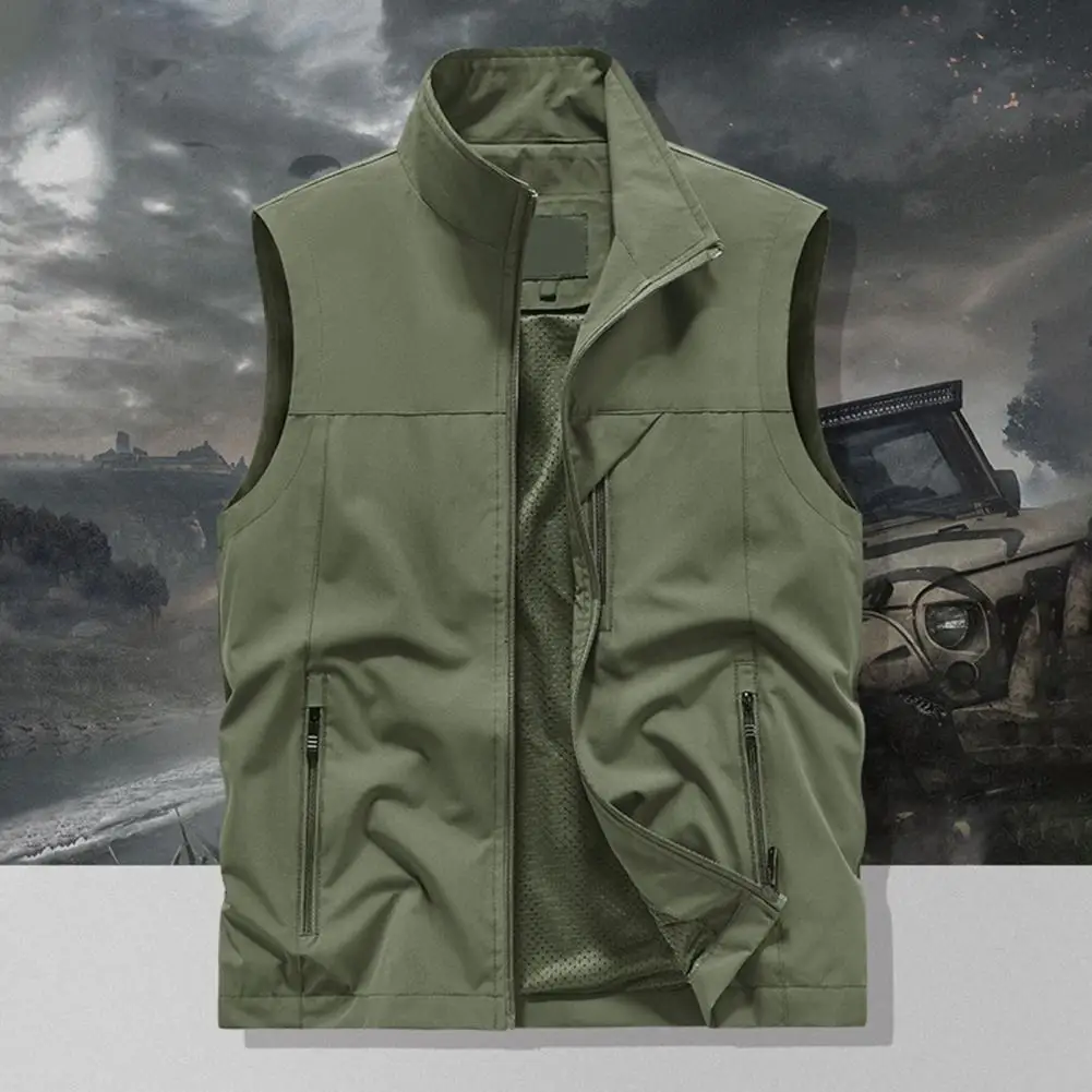 صدرية رجالية مع جيوب، سترة رجالية بياقة واقفة وسحاب مع جيوب، صدرية صيد خارجية بلون سادة للرجال النشطين