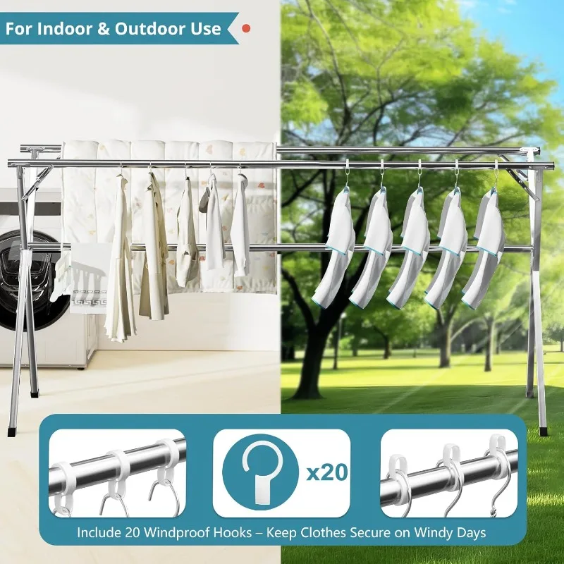 95 Inches Clothes Drying Rack, Drying Rack Clothing Folding Indoor Outdoor, Heavy Duty Stainless Steel Laundry Rack