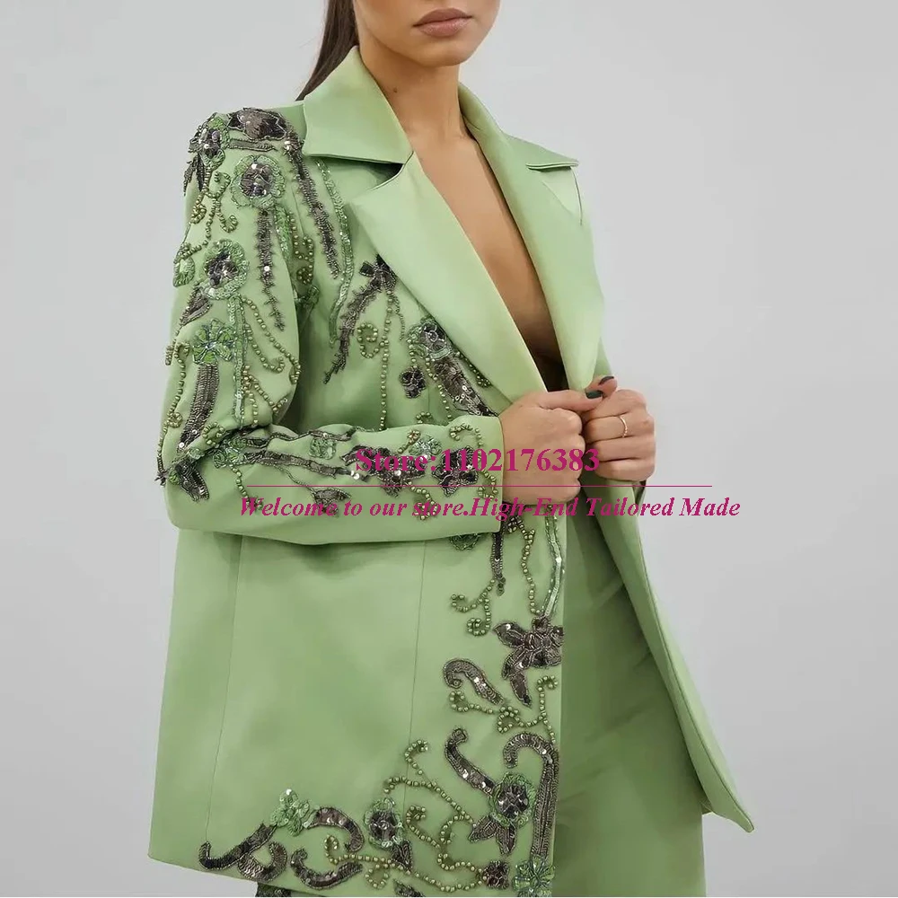 Feito à mão contas ternos feminino apliques blazer calças define sob medida mais tamanho duplo breasted jaqueta 2 peças vestidos de festa à noite