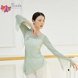 Classical Dance Top Gauze Mesh Shirt Blouse Long Split Flared Sleeve Chinese Traditional Hanfu Training Top Performance Custome