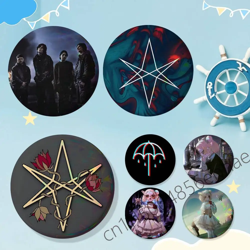 For Bring Me The Horizon BMTH Round Exquisite Laser Badge Brooches Creative Pins For Clothes Hat Backpack Gift Accessories