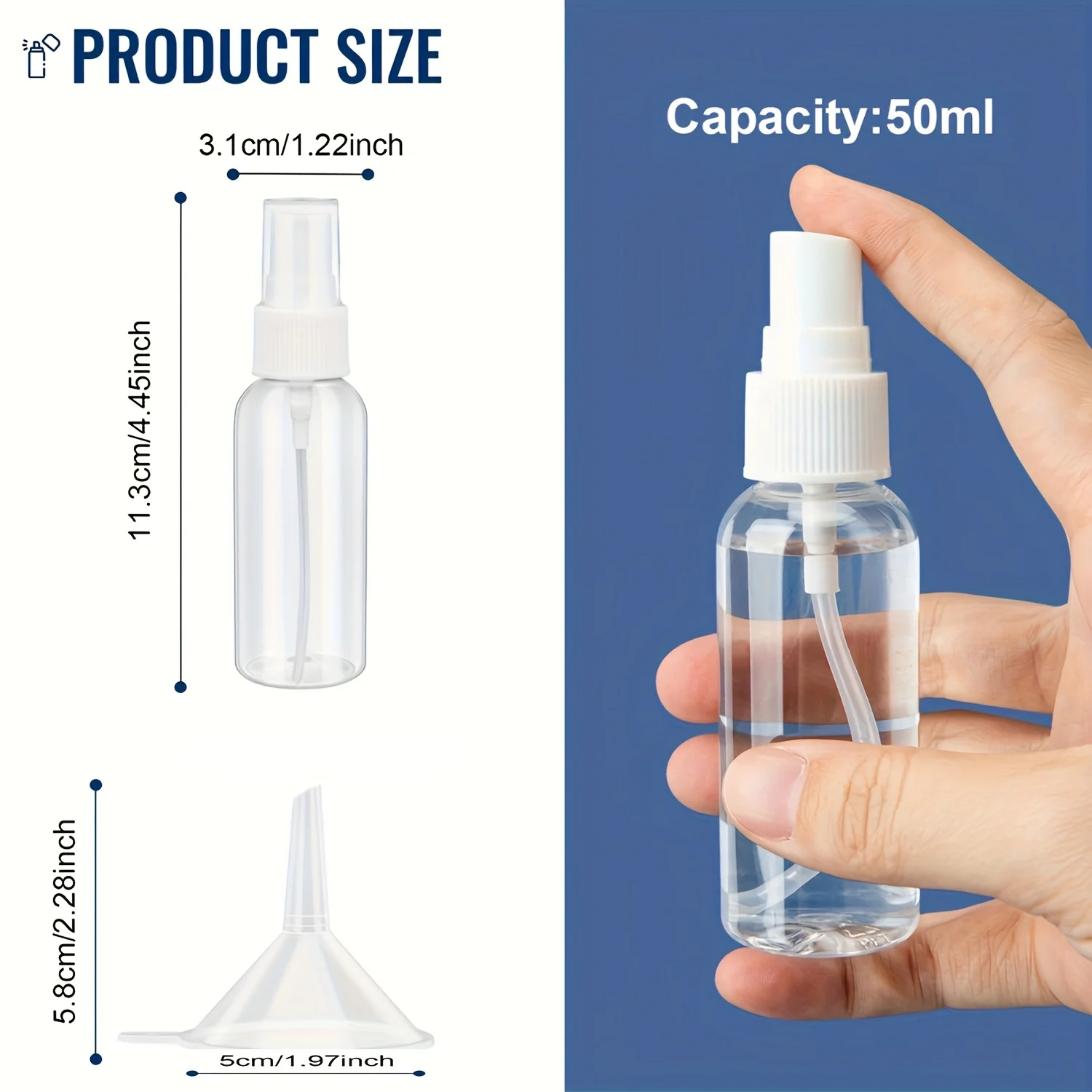 50ml Mini Spray Bottles Plastic, Paired with funnel stickers，Pump Spray Cap Refillable Reusable Empty Atomizer Spray Bottles Tra
