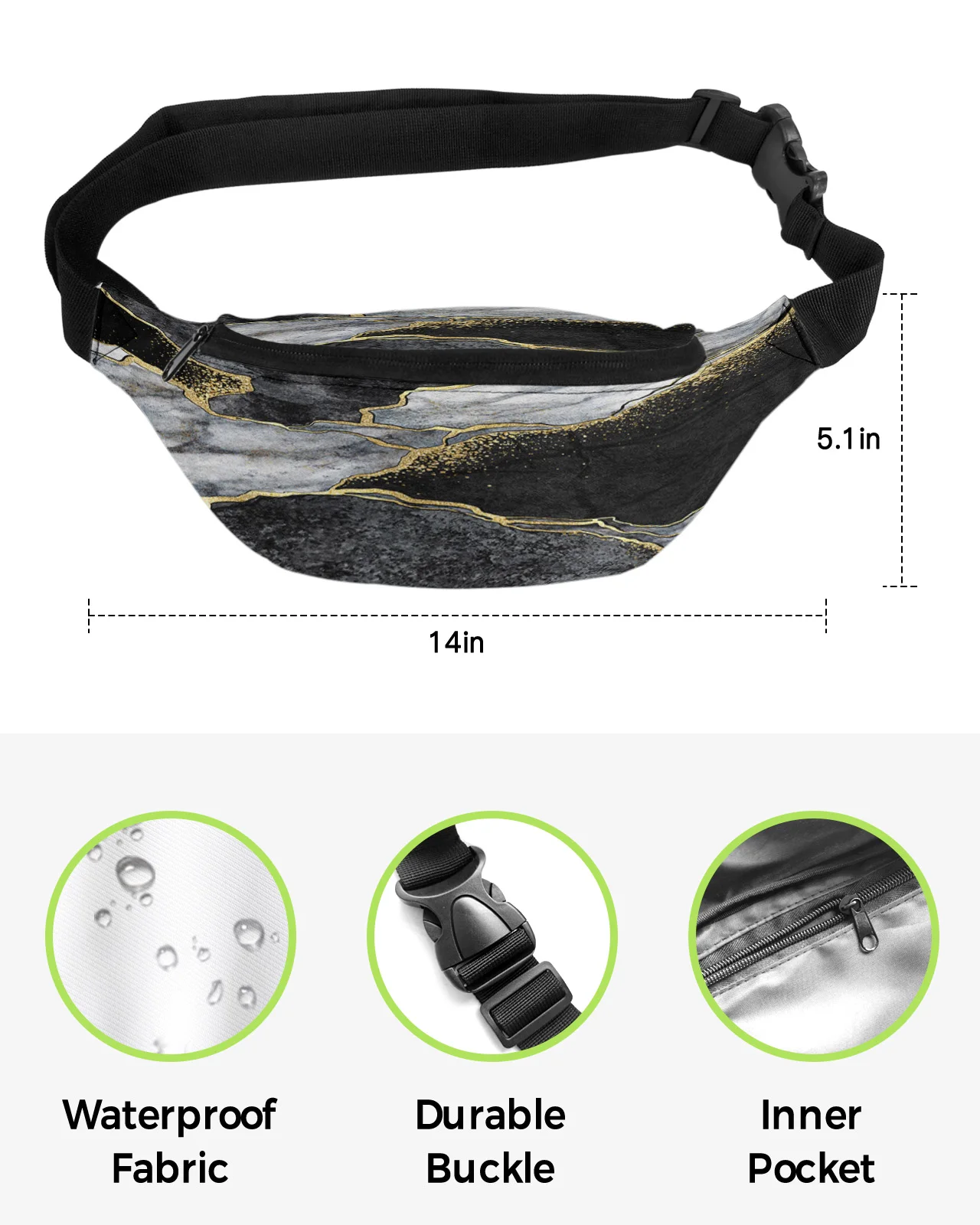 Abstract Black And White Marble Waist Packs for Women Waterproof Outdoor Sports Waist Bag Unisex Crossbody Shoulder Bag