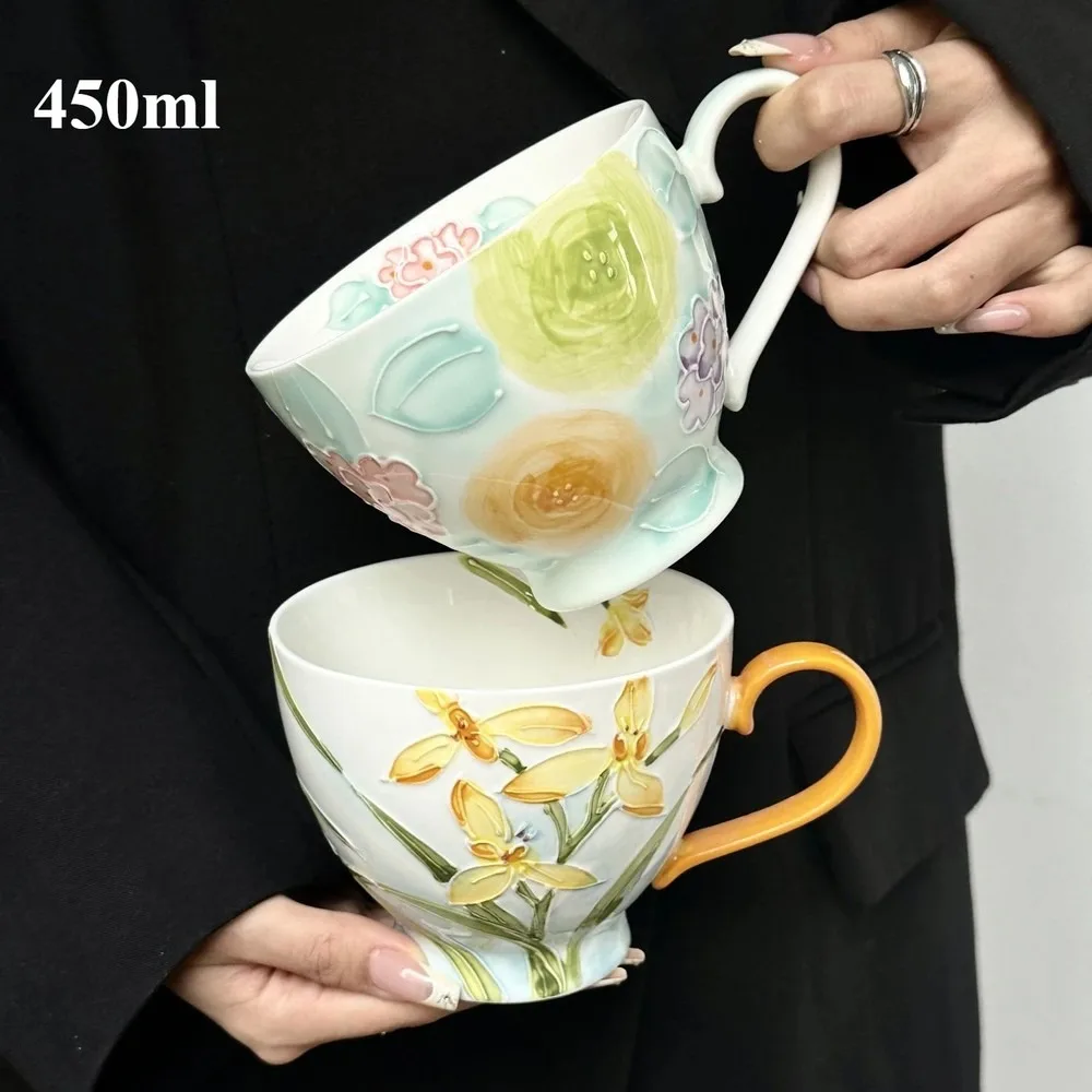 Hand-Painted Relief Flower Ceramic Mug with Spoon, Large Capacity Artisan Coffee Tea Cup, Aesthetic Office Gift for