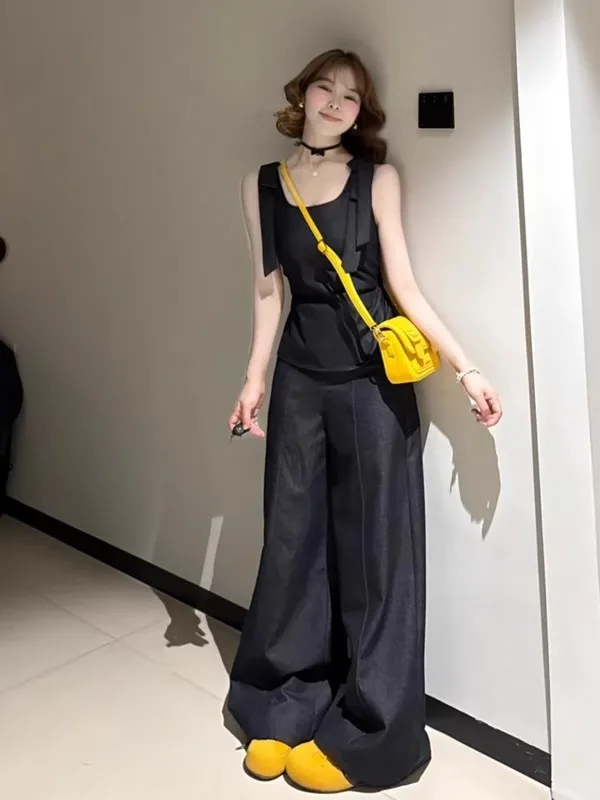 

Korean Style Casual Elegance Women's Summer New Sleeveless Short Top High Waist Wide Leg Floor Length Pants Two Piece Set
