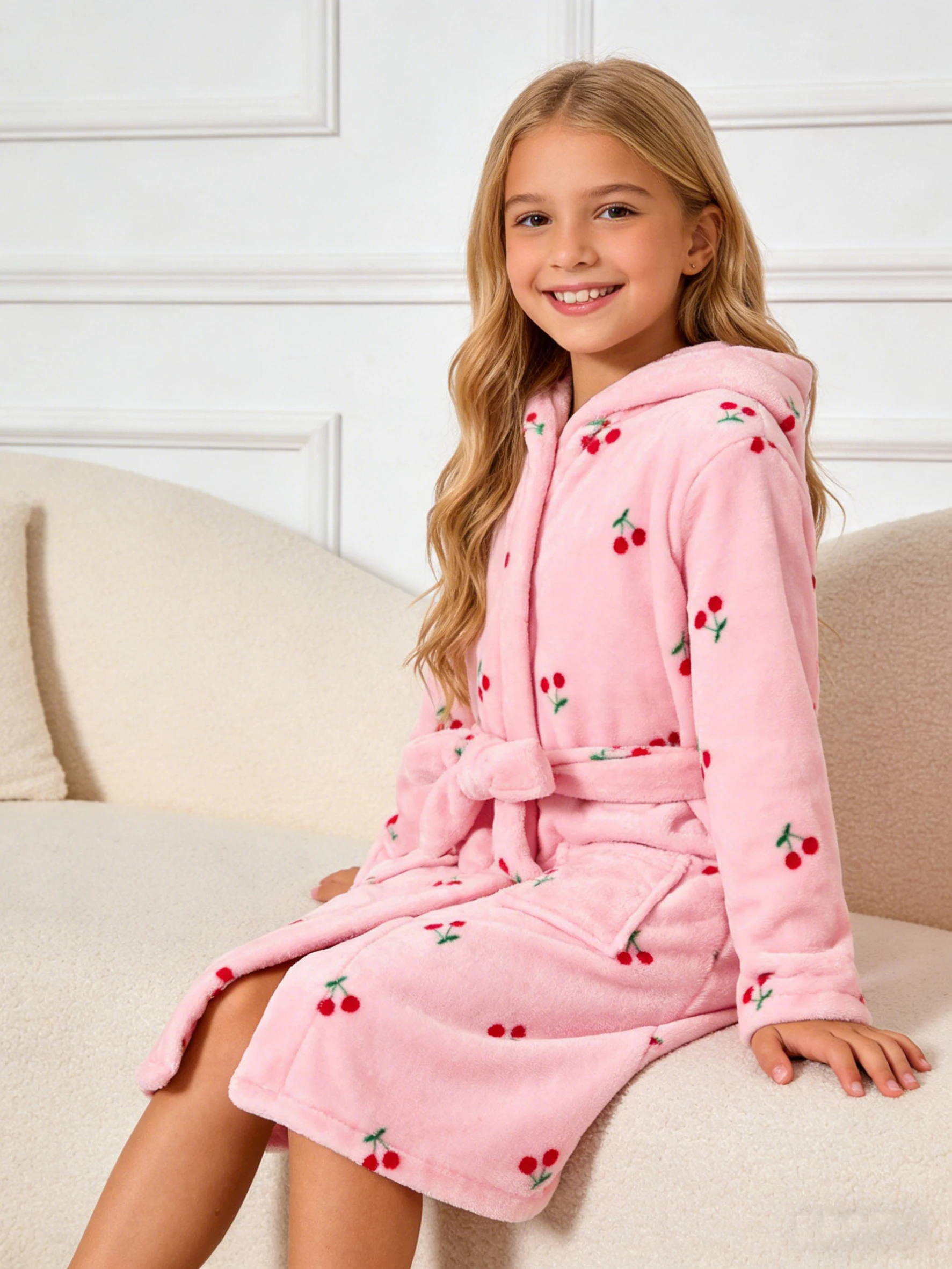 Rosa flauschiger Bademantel für Mädchen; langärmelige Nachtwäsche mit Kapuze für Mädchen; verdickter warmer Bademantel für Mädchen im Winter