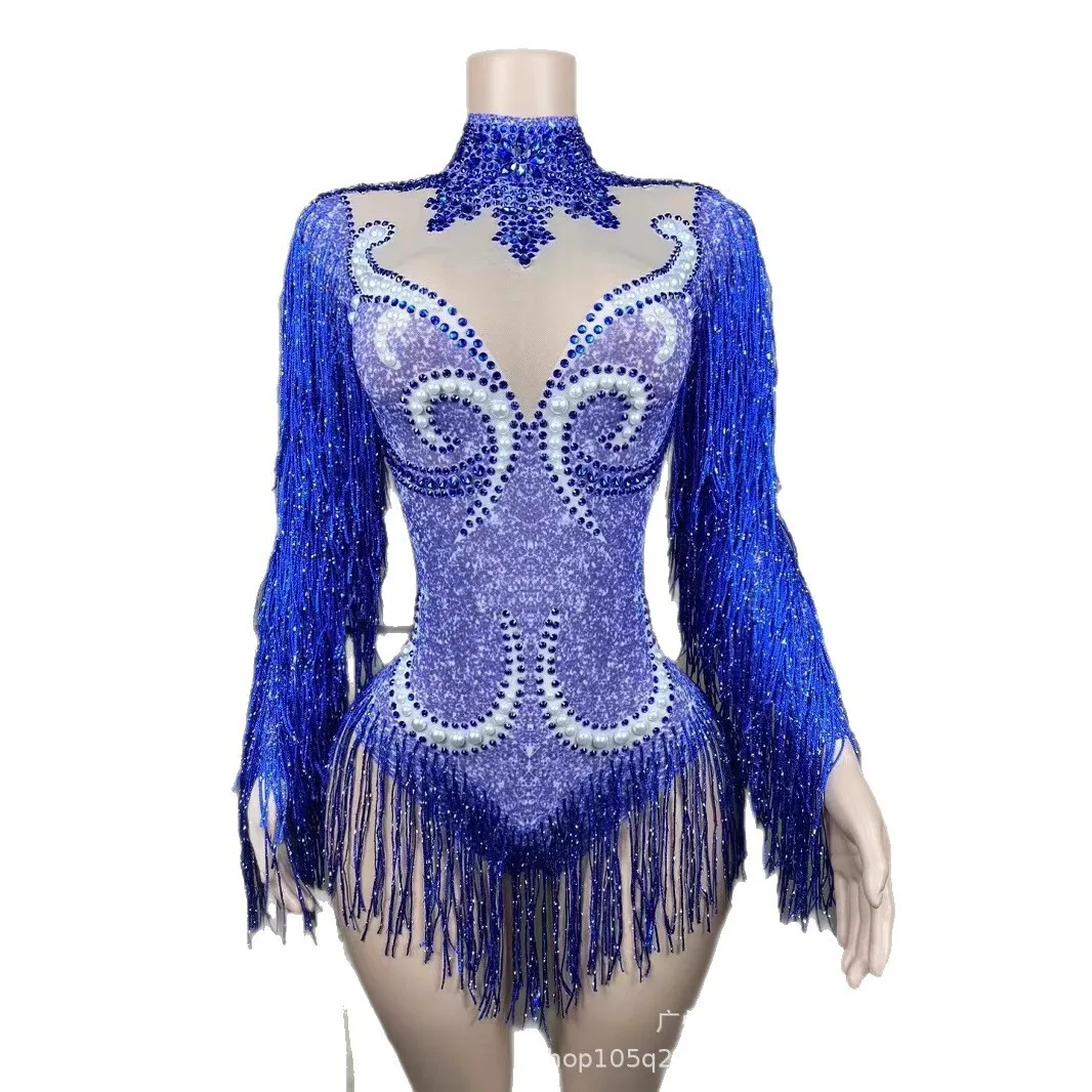 Women Sexy Mesh Performance Dance Dress Nightclub Singer Dancer Stage Costume Shiny Rhinestone Long Sleeve Tassel Jumpsuit