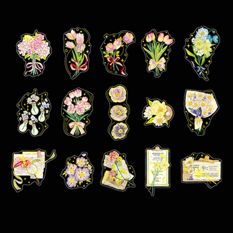 15 Pcs /Pack Waterproof Mountain Specimen Retro Flowers Golden Art DIY Hand Account Stickers