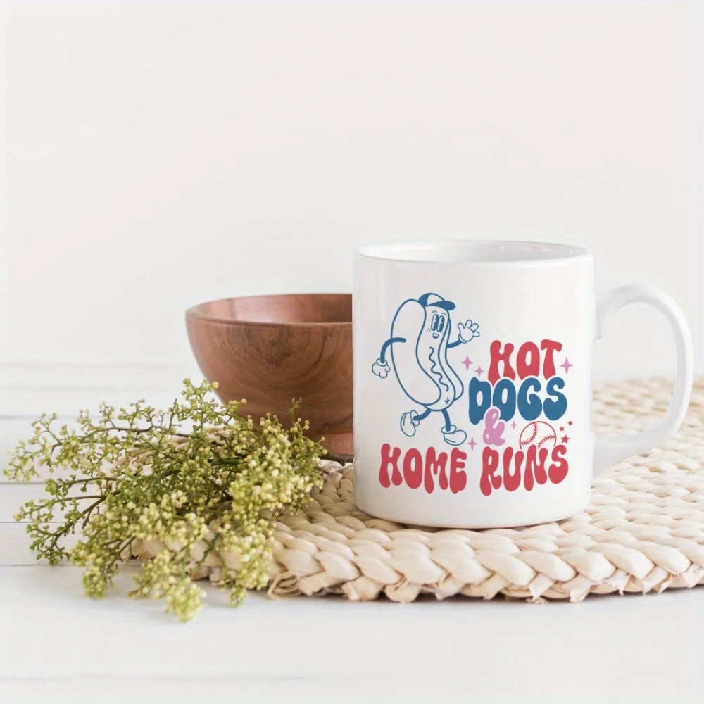Hot Dogs & Home Runs Baseball Mug 320ml – Cartoon Stadium Hot Dog Ceramic Cup, Gift for Baseball Fans, Microwave Safe