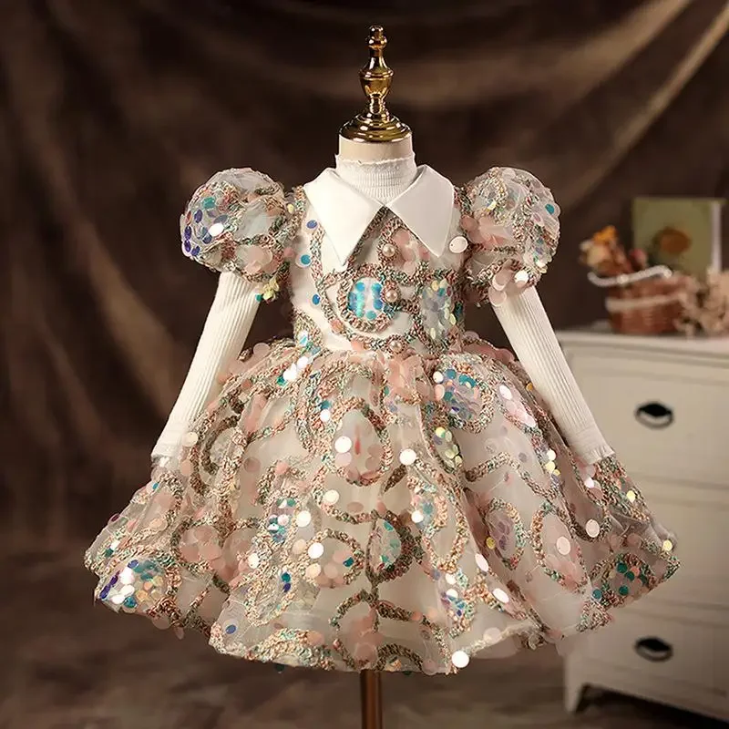 

2024 Flower Girls Dresses kids Turkish Sequin Ball Gowns Vintage Spanish Children Party Dresses Purim Holiday Birthday Dress