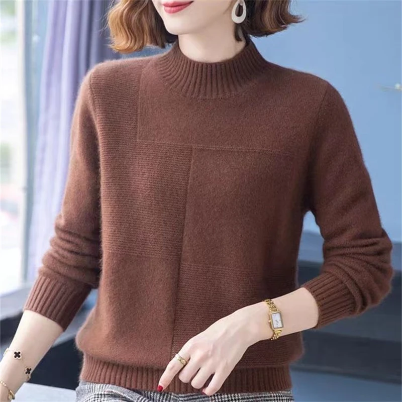 Sweater rajut lembut wanita, atasan Pullover longgar lengan panjang polos perempuan, Sweater rajut lembut kerah setengah tinggi, kasual, sederhana, musim dingin 2023