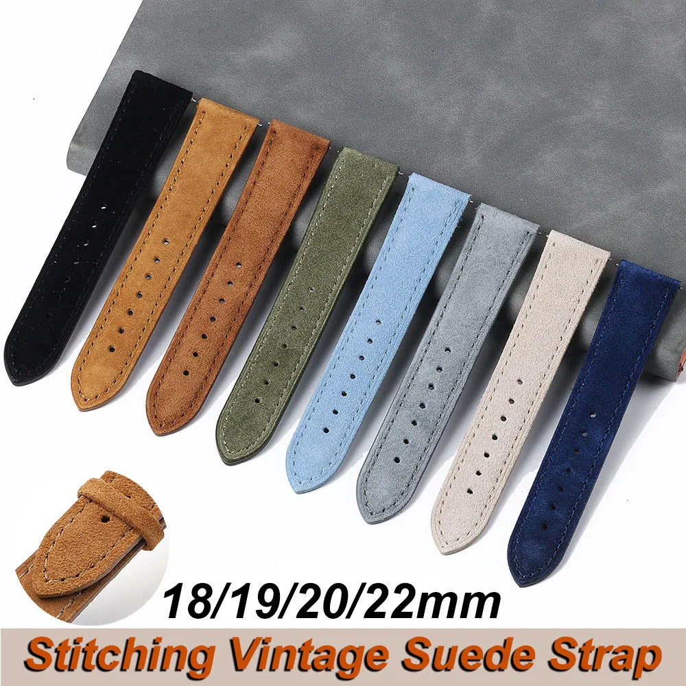 18mm 19mm 20mm 22mm Vintage Suede Cowhide Watch Strap Handmade Watch Band Gray Brown Green Quick Release Bracelet for Men 2030