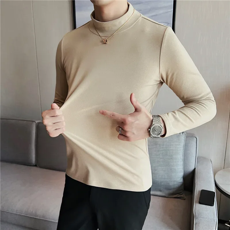 High Elastic Men T-shirt 2024 Autumn Winter New Warm Top Long Sleeve Solid Casual Slim Fit Half High Collar T-shirt Men Clothing