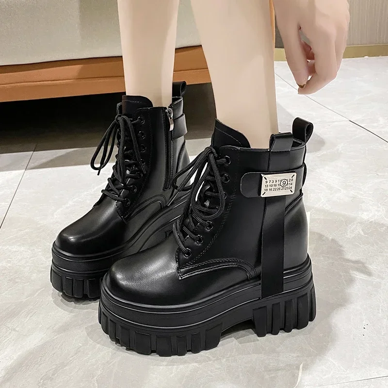 Women\'s High Platform Motorcycles Boots Winter 10CM Wedge Heels Warm Ankle Boots Chunky Sneakers New Autumn Leather Shoes Woman