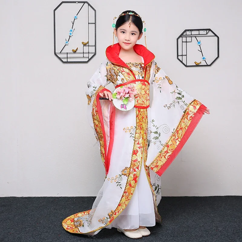 

Children's Ancient Costume Girls Tang Dynasty Court Drag Tail Dance Dress Embroidery Suit Princess Guzheng Stage Performance