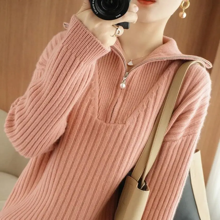Women Half Turtleneck Zipper Sweater Korean Fashion Solid Colors Knitted Pullover Loose Basic Knitwear Long Sleeve Top Casual