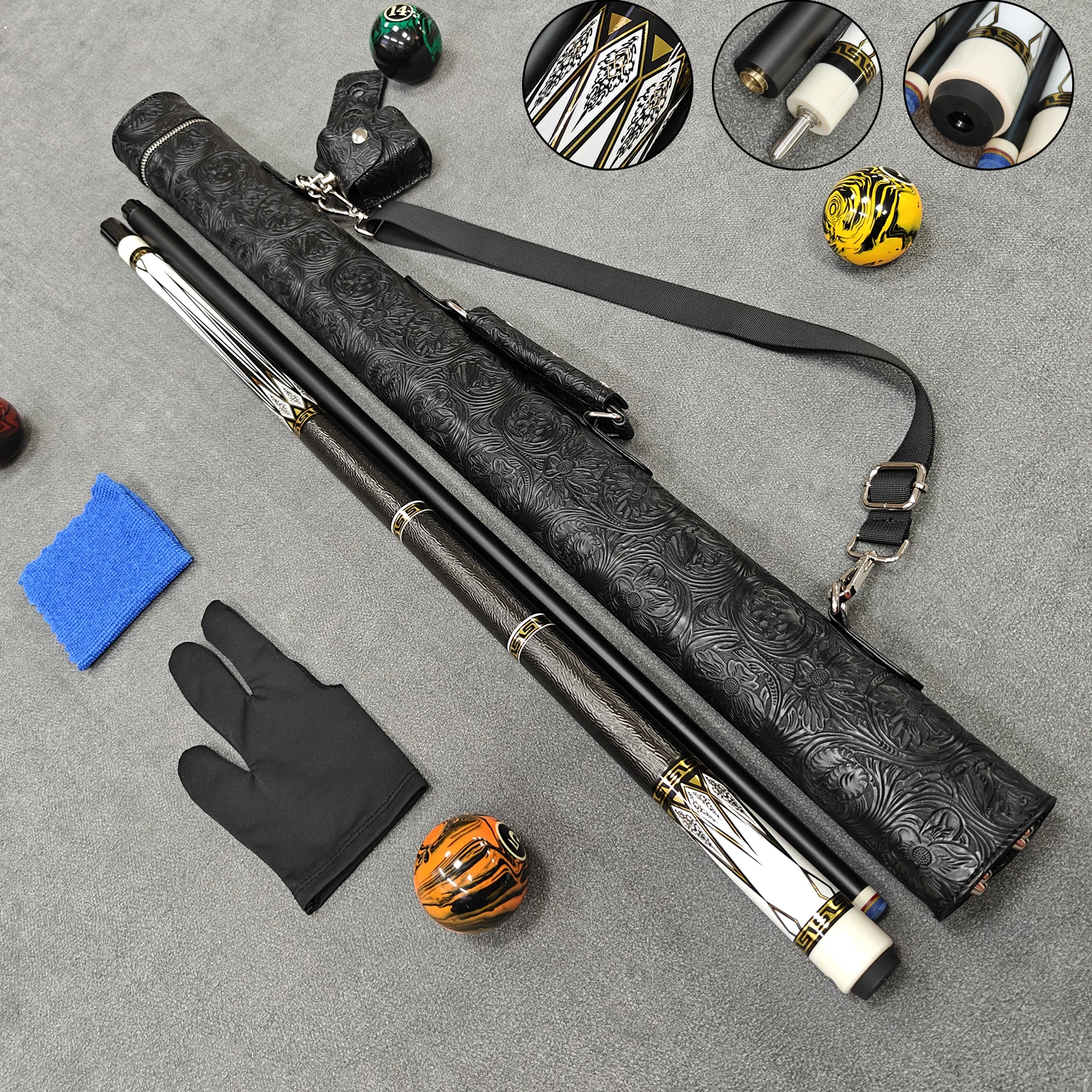 Pool Cue Set with Anti‑Warp Shaft, Piano Paint, 3‑Section Grip, 1/2 Split Design, 13 mm Tip for 8‑Ball & 9‑Ball