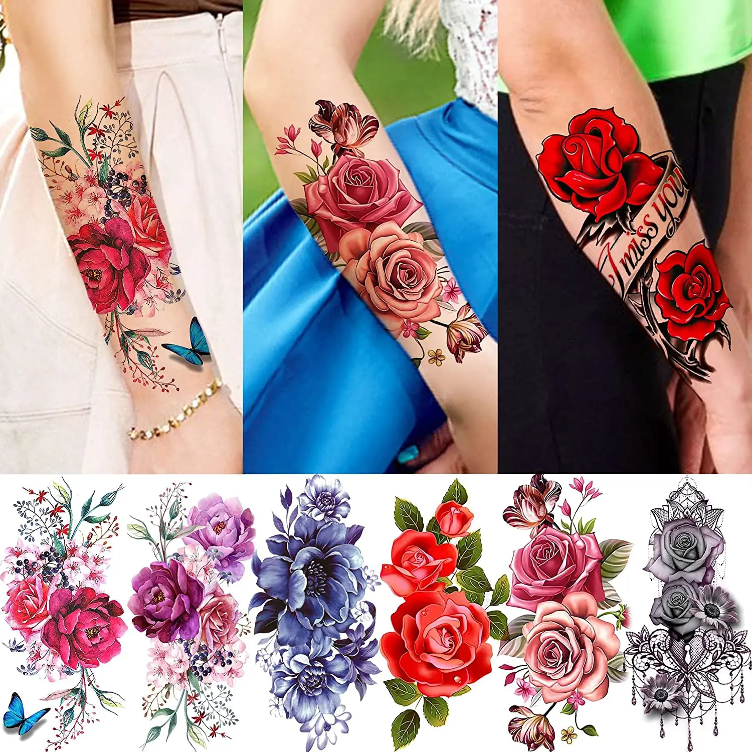 Tatuajes temporales de flores de peonía para mujeres adultas, tatuaje falso de mariposa 3D, pegatina de tatuajes florales de acuarela realista, 10