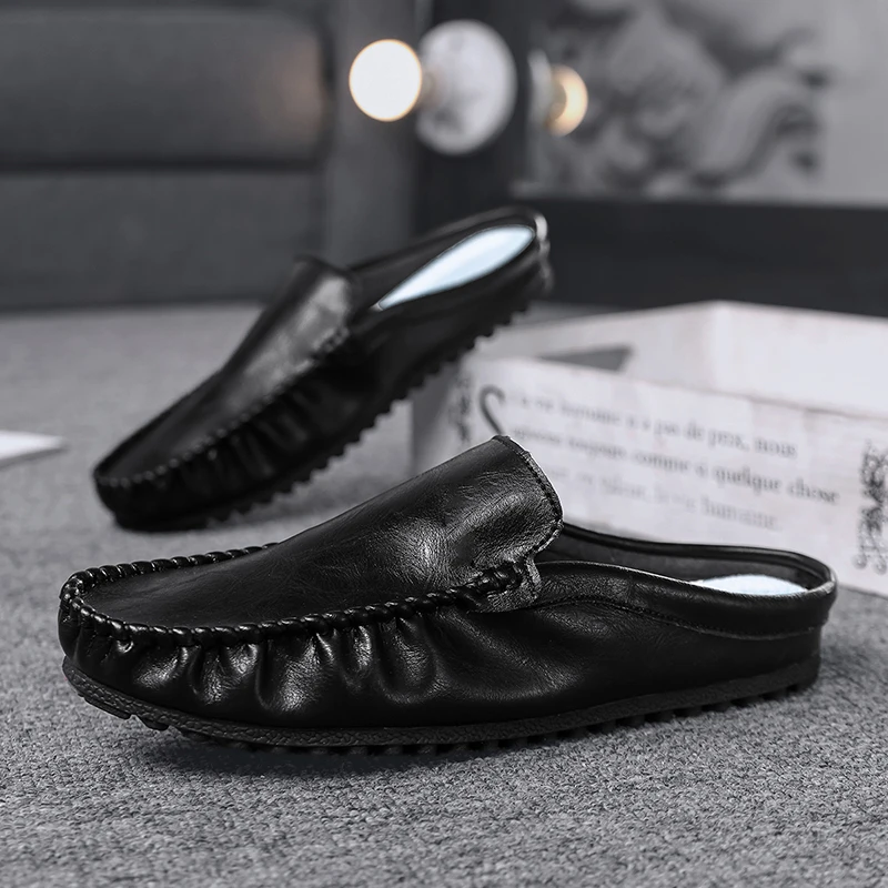 Men Mules Slippers Leather Flat Sneakers Penny Loafers Outdoor Non-slip Backless Slip-on Casual Shoes Slides Sandals Summer