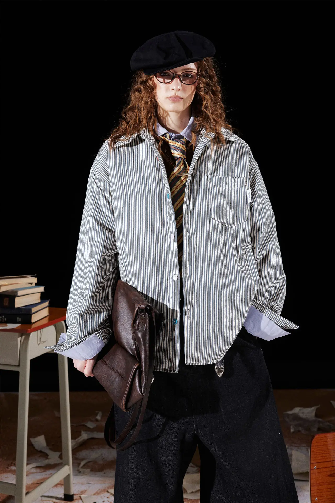 FW2025 اليابانية الرجعية مخطط فائدة سترة قطن للجنسين فضفاضة تناسب الدافئة بدوره إلى أسفل طوق مبطن عمال قميص معطف الأمريكية #4