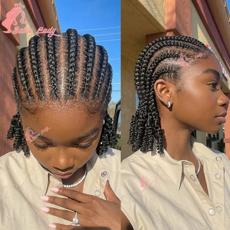Handmade Short Bob Cornrow Braided Wigs Synthetic Glueless HD Full Lace Knotless Box Braided Wig With Curly Ends