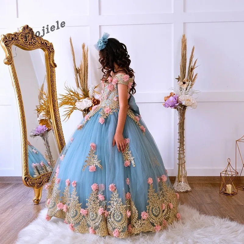 New Blue Sweet Quinceanera Dress For Baby Girls Floral Appliques Off Shoulder Junior Ball Gown Toddler Kids Party Dresses