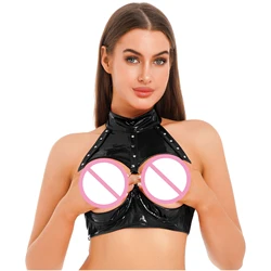 Womens Leather Open Cup Bra Underwired Bra Crop Top Halter Backless Vest Sexy Shiny Wet Look Patent Leather Camisole Clubwear