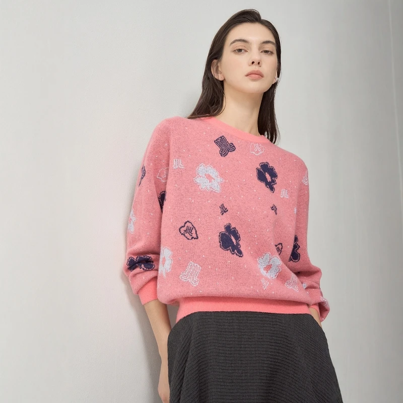 

Ele Double-Sided Knitted Floral Embroidery Sweater round Ne Pullover Autumn Winter Women's Faion Casual Knitwear