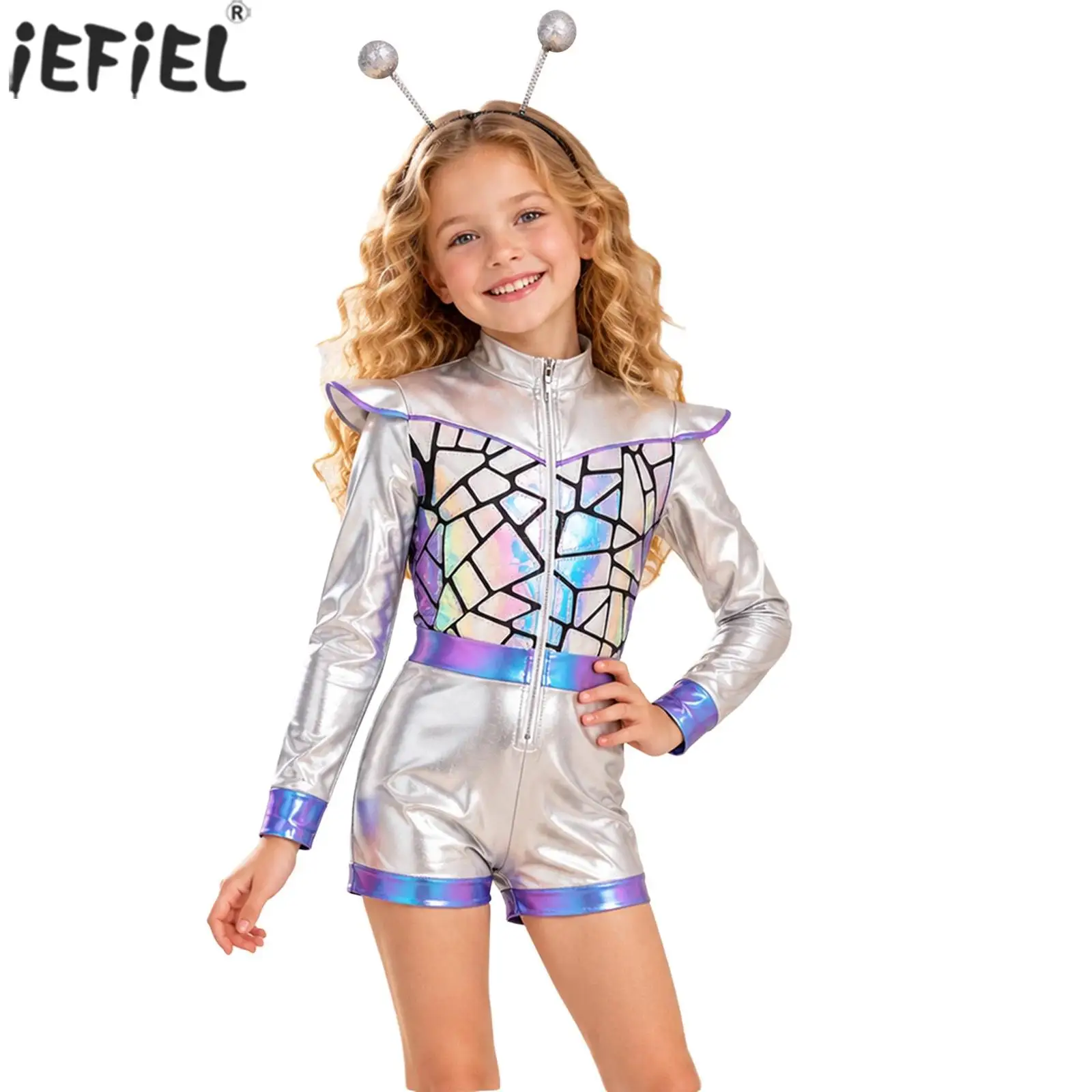 Kid Girls Alien Cosplay Costume Long Sleeve Shoulder Boards Glittery Sequin Metallic Bodysuit with Hair Hoop for Halloween Party