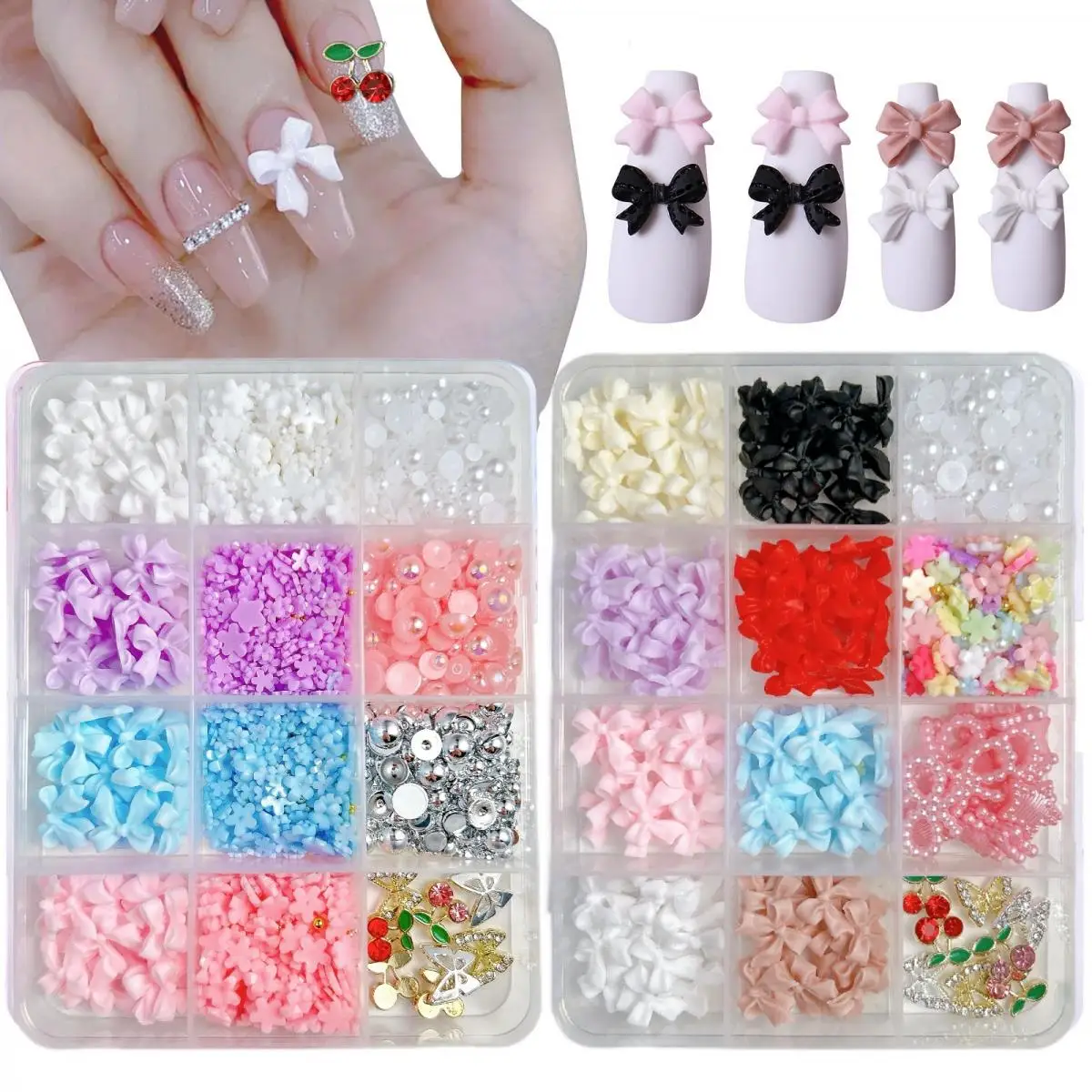 

1Box Cartoon Cookies Candy Mini Beads Nail Art Decorations 3D Resin Mixed Sweet Bow Flower Nail Charms Supplies For DIY Crafts