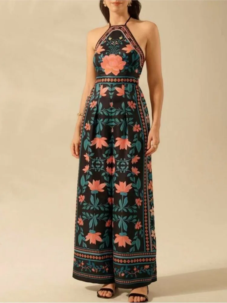 

New Women's Fashion Sexy Printed Jumpsuits Spring And Summer Temperament Elegant Hanging Neck Sleeveless Wide-leg Jumpsuit Pants