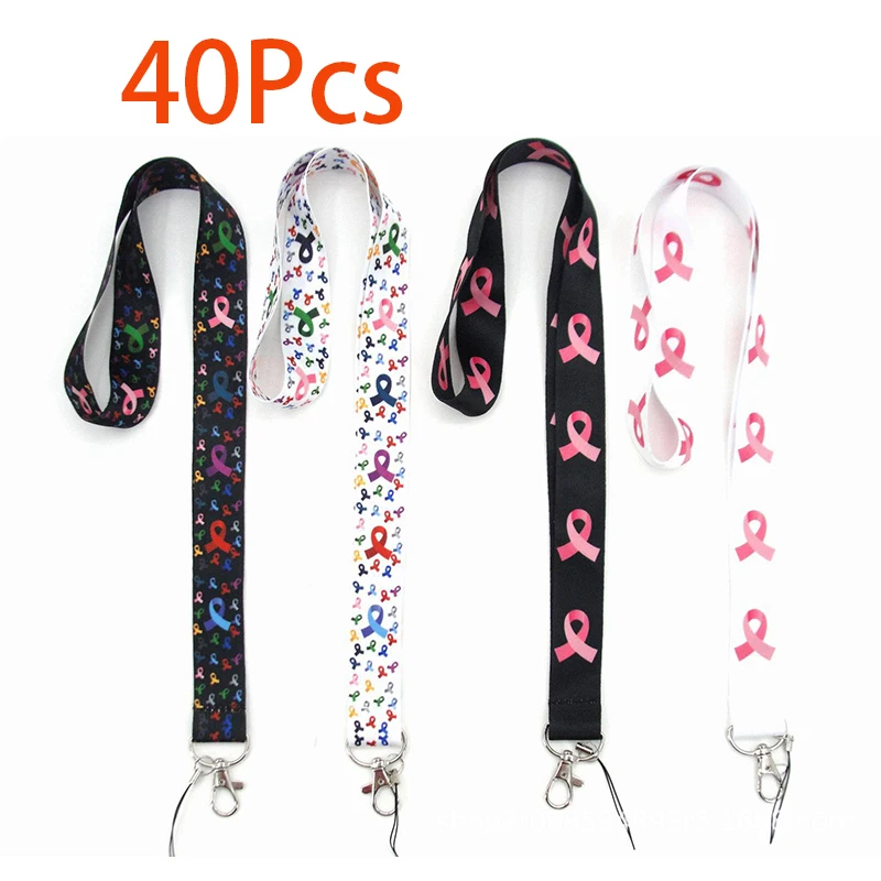 40Pcs Breast Cancer Awareness Lanyard Keychain Pink Ribbon Lanyard with Swivel Hook for Key Chain ID Badge Holder