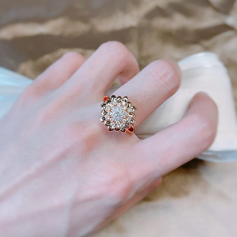 Wbmqda Full Zircon 585 Rose Gold Color Crystal Sun Flower Rings For Women  Luxury Retro Jewelry Daily Match Fine Accessories